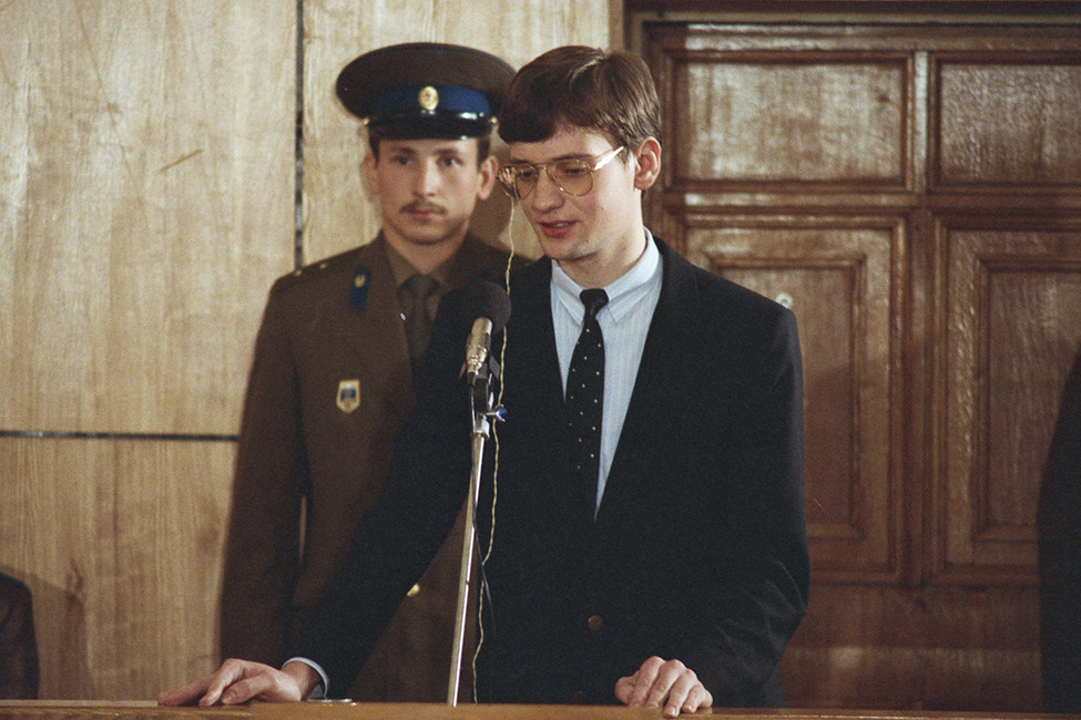 Матиас Руст выступает с последним словом в суде. Москва, 4 сентября 1987 год. Фото: Малышев Николай / Фотохроника ТАСС