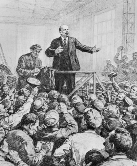 Выступление Владимира Ленина перед рабочими Обуховского завода в 1917 г. Рисунок художника Петра Васильева. Фотохроника ТАСС